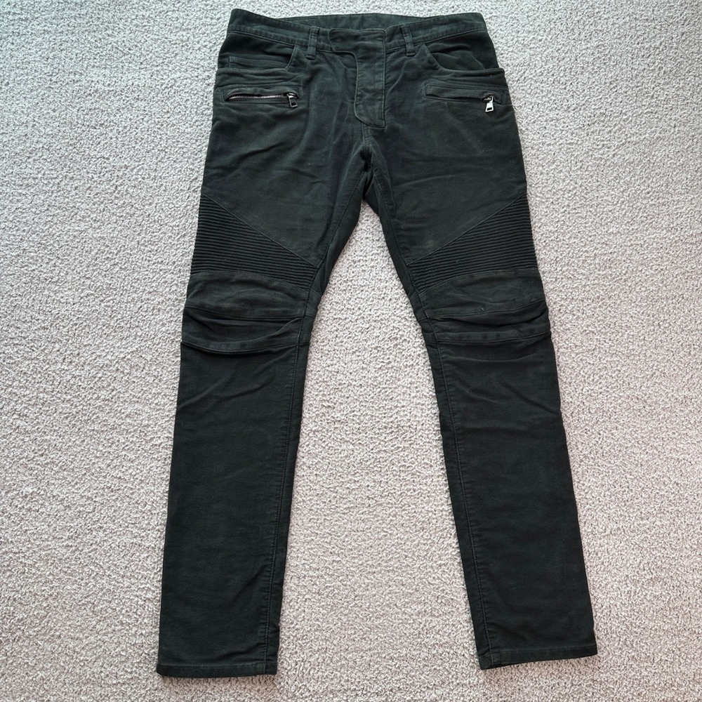 BALMAIN Paris Mens Black Moto Biker Jeans 33 Distressed Designer Slim Fit Ribbed